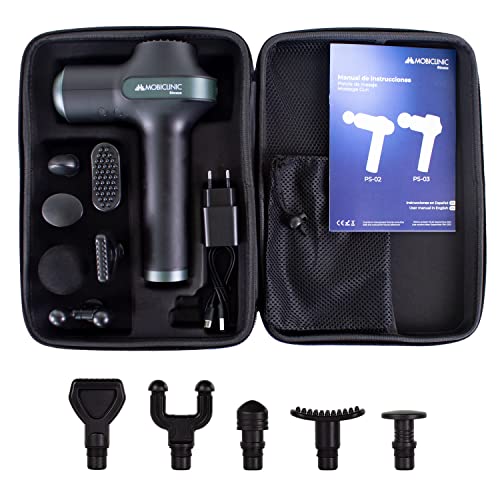 Mobiclinic, Pistola de Masaje Muscular, Marca Española, Pistola para dar masajes, 6 cabezales diferentes, Masajeador de Músculos de Tejido Profundo, 6 Niveles de intensidad regulables, Gris