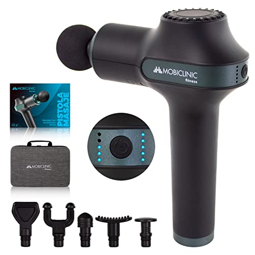 Mobiclinic, Pistola de Masaje Muscular, Marca Española, Pistola para dar masajes, 6 cabezales diferentes, Masajeador de Músculos de Tejido Profundo, 6 Niveles de intensidad regulables, Gris