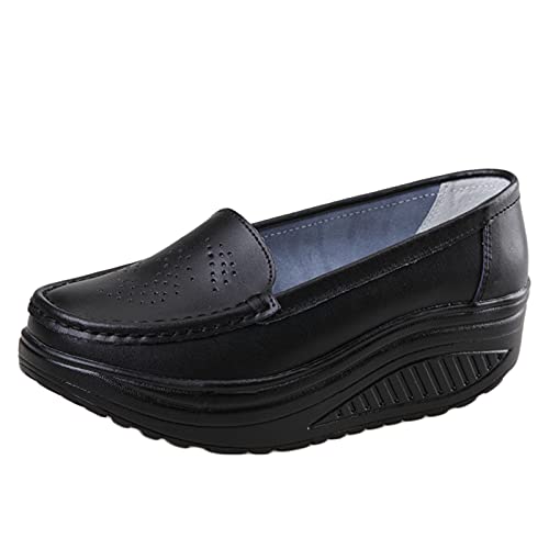Mocasines con plataforma para mujer, sin cordones, transpirables, cómodos, de piel, para oficina, exteriores, caminar, color negro, Black, 38.5 EU