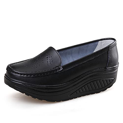Mocasines con plataforma para mujer, sin cordones, transpirables, cómodos, de piel, para oficina, exteriores, caminar, color negro, Black, 38.5 EU