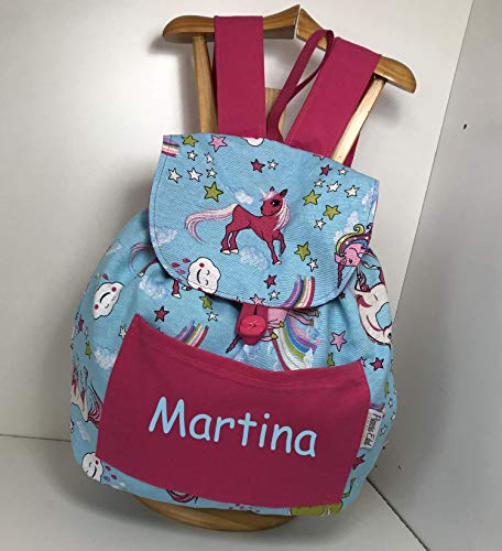 Mochila en tela loneta estampada con unicornios personalizada con el nombre bordado