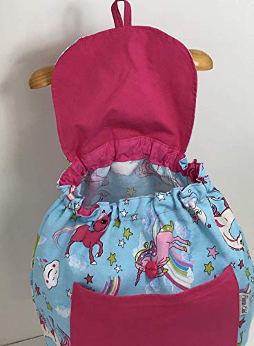 Mochila en tela loneta estampada con unicornios personalizada con el nombre bordado