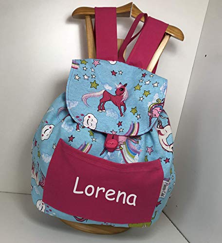 Mochila en tela loneta estampada con unicornios personalizada con el nombre bordado