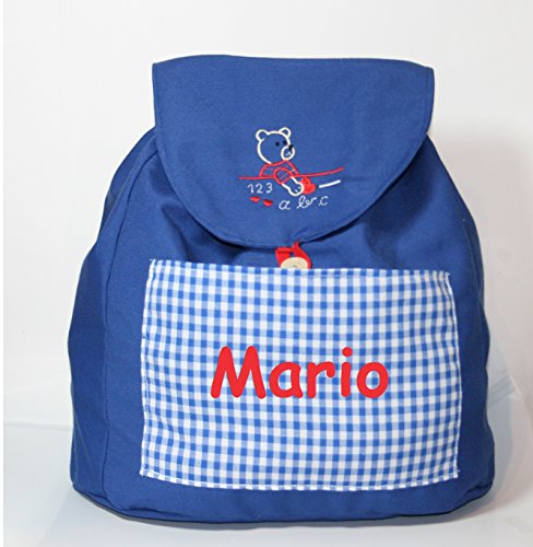 Mochila oso escuela confeccionada en loneta azulón y personalizada con nombre (28 x 30 x 14 cm. aproximadamente)