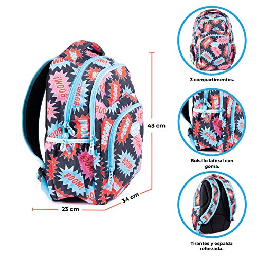 Mochila Primary Boom - Cuatro Cremalleras con Tiradores Ergonómicos Metálicos - Mochila Escolar Ligera Impermeable con Dos Bolsillos Laterales con Goma - 43 x 34 x 23 cm - Ocean’s Wave