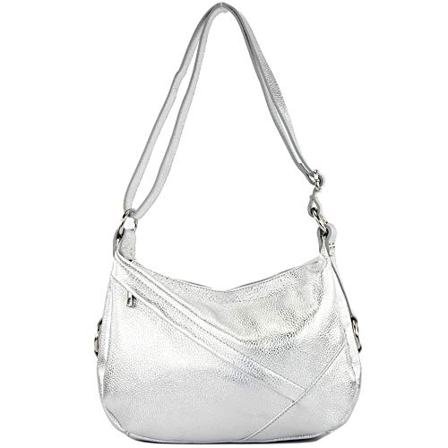 modamoda de - ital bolsa de hombro/hombro hecha de cuero T164, Color:metálica de plata