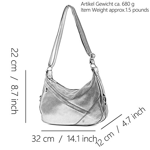 modamoda de - ital bolsa de hombro/hombro hecha de cuero T164, Color:metálica de plata