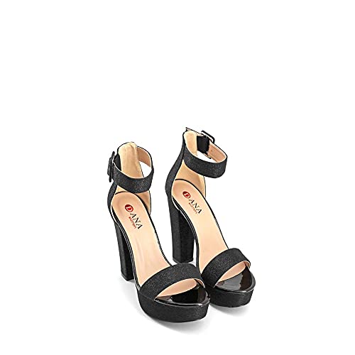 Modelisa - Sandalia Tacón Ancho Con Plataforma Hebilla Pulsera Tobilla Mujer (Negro, numeric_38)
