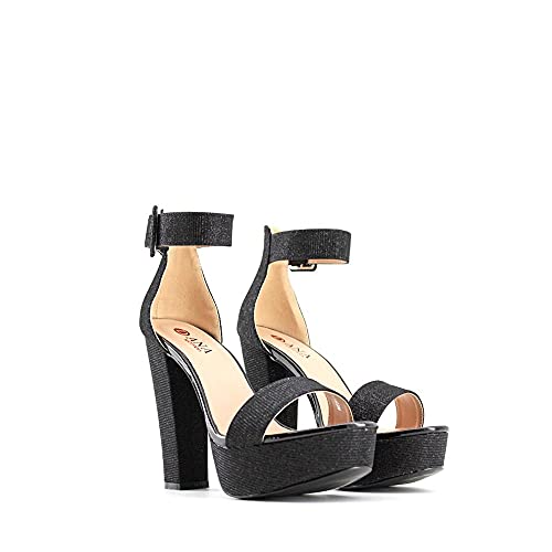 Modelisa - Sandalia Tacón Ancho Con Plataforma Hebilla Pulsera Tobilla Mujer (Negro, numeric_38)