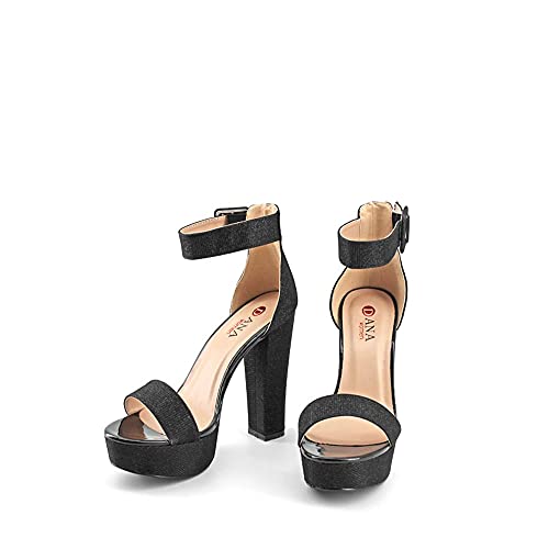 Modelisa - Sandalia Tacón Ancho Con Plataforma Hebilla Pulsera Tobilla Mujer (Negro, numeric_38)