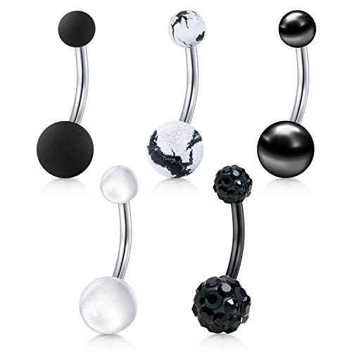 MODRSA 14G 10mm Piercing Ombligo Anillo Acero Inoxidable Acrílico Piercing Banana Curvados Barbell Vientre Ombligo Piercing Oreja Mujer Hombre 5 Piezas - Negro