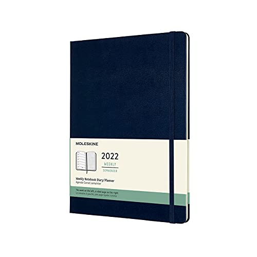 Moleskine - Agenda Semanal 2022, Agenda de 12 Meses con una Semana por Página, Tapa Dura, Tamaño XL de 19 x 25 cm, Color Azul Zafiro, 144 Páginas