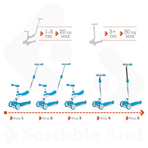 Mondo On&Go – Patinete para niños 5 en 1 – Patinete con Asiento, Pedales de Goma Blandos y Grandes Scooter de 3 Ruedas para niños – Edad de 1 a 5 años | Máximo 50 kg – Color Azul – 28572