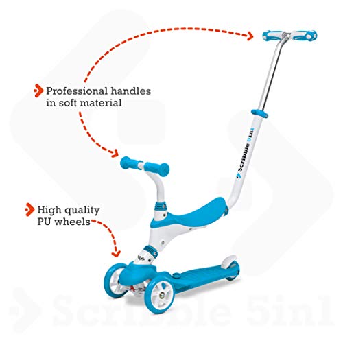 Mondo On&Go – Patinete para niños 5 en 1 – Patinete con Asiento, Pedales de Goma Blandos y Grandes Scooter de 3 Ruedas para niños – Edad de 1 a 5 años | Máximo 50 kg – Color Azul – 28572
