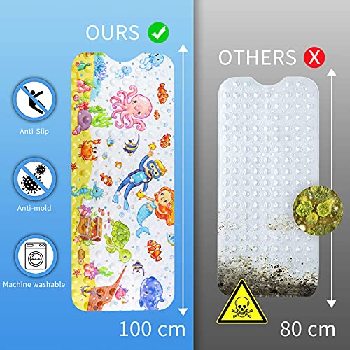 Moocuca Alfombrilla Antideslizante Bañera 100 x 40cm, Alfombra Baño Infantil con 200 Ventosas Fuertes, ​Motivos del Mundo Submarino Alfombrillas de Ducha para Bañera o Ducha