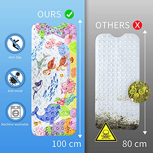 Moocuca Alfombrilla Antideslizante Bañera 100 x 40cm, Alfombra Baño Infantil con 200 Ventosas Fuertes, ​Motivos del Mundo Submarino Alfombrillas de Ducha para Bañera o Ducha (Ballena Azul)