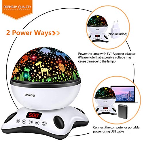 Moredig Lámpara Proyector Estrellas, 360° Rotación Músic Lampara con Temporizador led Pantalla y Control Remoto, 8 Modos Romántica luz de la Noche, Perfecto Regalo para Bebés, Negro