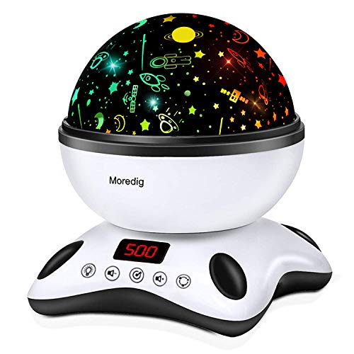 Moredig Lámpara Proyector Estrellas, 360° Rotación Músic Lampara con Temporizador led Pantalla y Control Remoto, 8 Modos Romántica luz de la Noche, Perfecto Regalo para Bebés, Negro