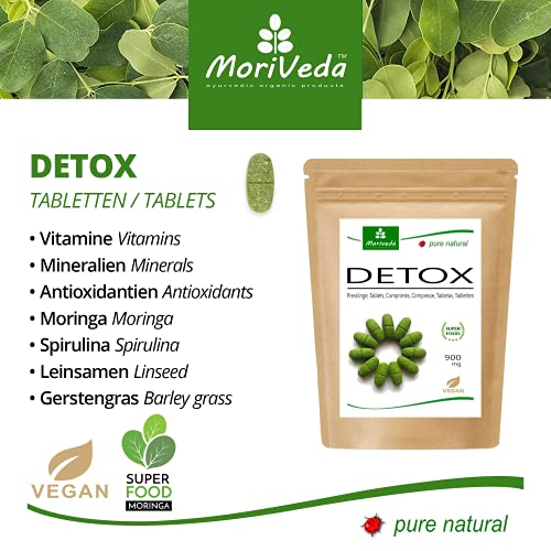MoriVeda® Moringa Detox Tablets 900 mg I Moringa, linaza, hierba de cebada y espirulina como cura natural de purificación y desintoxicación I Vegano y sin gluten I 120 tabletas