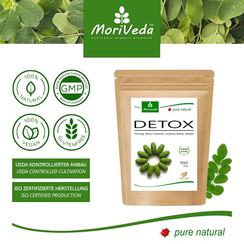 MoriVeda® Moringa Detox Tablets 900 mg I Moringa, linaza, hierba de cebada y espirulina como cura natural de purificación y desintoxicación I Vegano y sin gluten I 120 tabletas