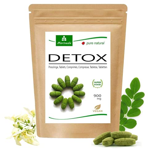 MoriVeda® Moringa Detox Tablets 900 mg I Moringa, linaza, hierba de cebada y espirulina como cura natural de purificación y desintoxicación I Vegano y sin gluten I 120 tabletas