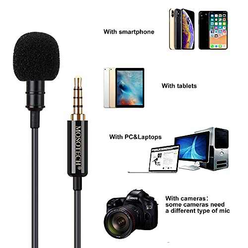 MOSOTECH Microfono Solapa, Omnidireccional Lavalier Microfono de Condensador con 2m (79") Cable de Extensión, Micro para Movil, Grabación Entrevista/Videoconferencia/Podcast/Dicción de Voz/Phone