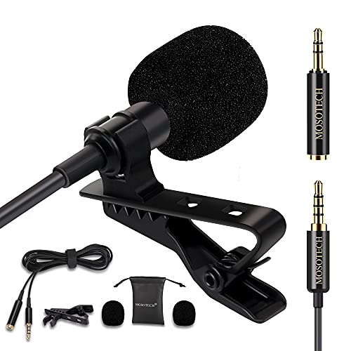MOSOTECH Microfono Solapa, Omnidireccional Lavalier Microfono de Condensador con 2m (79") Cable de Extensión, Micro para Movil, Grabación Entrevista/Videoconferencia/Podcast/Dicción de Voz/Phone