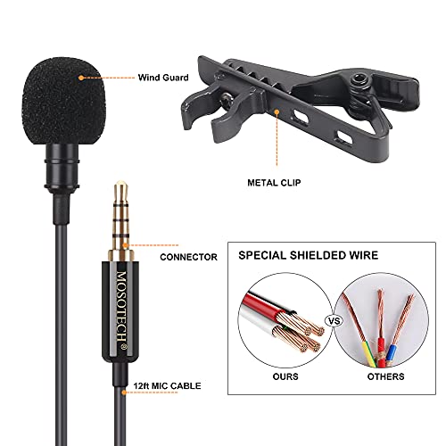 MOSOTECH Microfono Solapa, Omnidireccional Lavalier Microfono de Condensador con 2m (79") Cable de Extensión, Micro para Movil, Grabación Entrevista/Videoconferencia/Podcast/Dicción de Voz/Phone