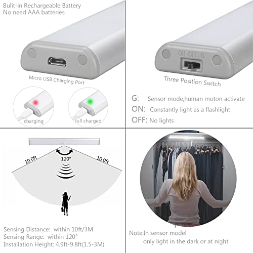 MOSTON 10 LED USB Recargable magnético Movimiento Sensor Luces nocturnas,Auto en/apagado Portátil Sin cable,palo en cualquier sitio para armario