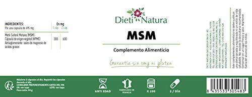 MSM 200 cápsulas de Dieti Natura. Movilidad articular [Fabricado en Francia][Garantía Sin OGM ni Gluten] (Bote de 200 cápsulas)