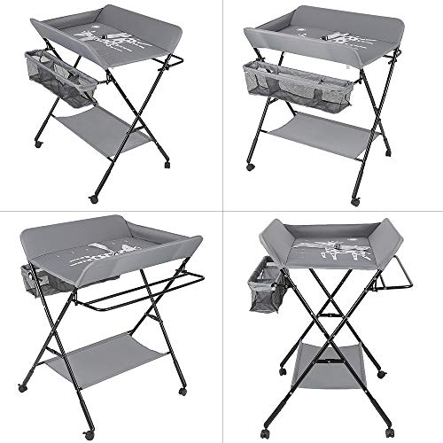 Mueble Cambiador Bebe Plegable y Portátil, Cambiador con 4 Ruedas, 3 Posiciones de Ajuste de Altura, Bañera Cambiador con Patrón de Jirafa (gris)