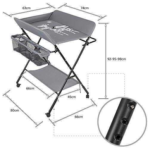 Mueble Cambiador Bebe Plegable y Portátil, Cambiador con 4 Ruedas, 3 Posiciones de Ajuste de Altura, Bañera Cambiador con Patrón de Jirafa (gris)