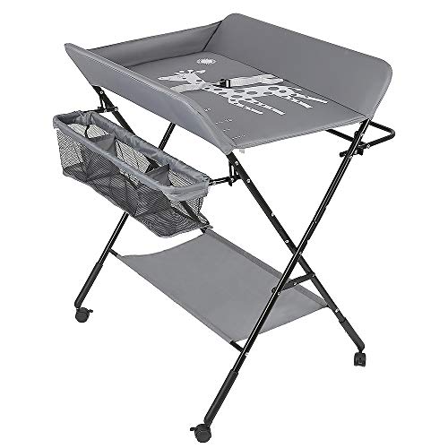 Mueble Cambiador Bebe Plegable y Portátil, Cambiador con 4 Ruedas, 3 Posiciones de Ajuste de Altura, Bañera Cambiador con Patrón de Jirafa (gris)