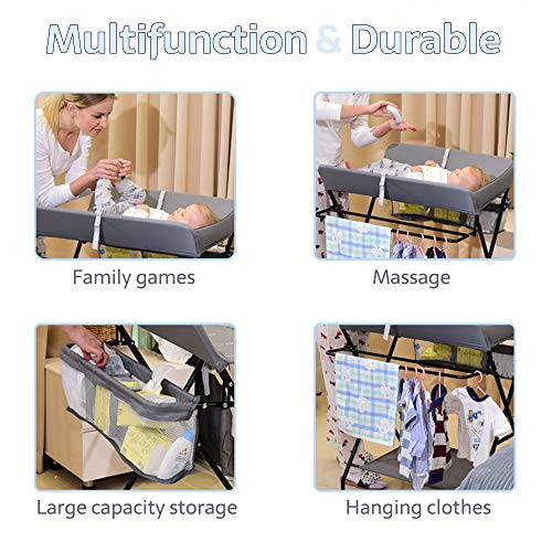 Mueble Cambiador Bebe Plegable y Portátil, Cambiador con 4 Ruedas, 3 Posiciones de Ajuste de Altura, Bañera Cambiador con Patrón de Jirafa (gris)