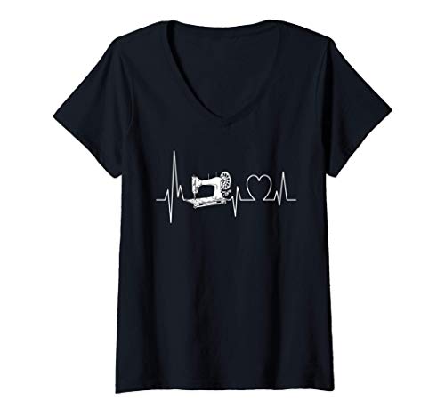 Mujer Máquina de coser latidos de corazón Costurera de punto Camiseta Cuello V