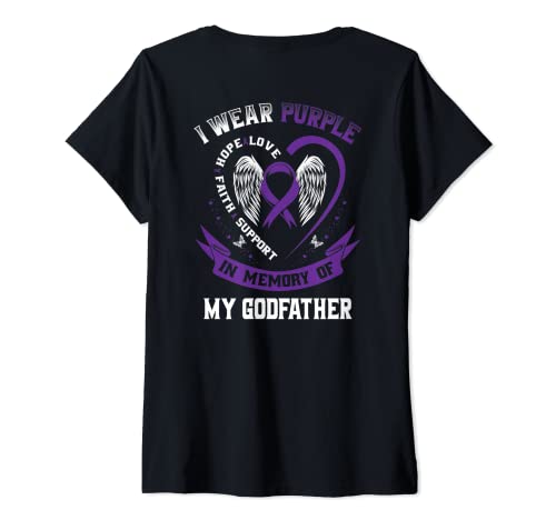Mujer Me pongo púrpura en memoria de padrino Alzheimers Back Graphic Camiseta Cuello V