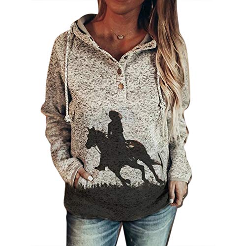 Mujeres Vintage Jirafa Caballo patrón Sudadera con Capucha Estampado gráfico de Manga Larga con Botones Sueltos otoño Adolescentes niñas