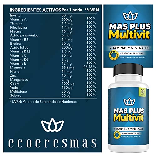 Multivitaminas y minerales| Vitaminas para el cansancio | Vitaminas A, B, C, D y E + Hierro + Magnesio | Multivitamínico| Ayuda a tus defensas | Mayor Energía y Vitalidad| 60 cápsulas