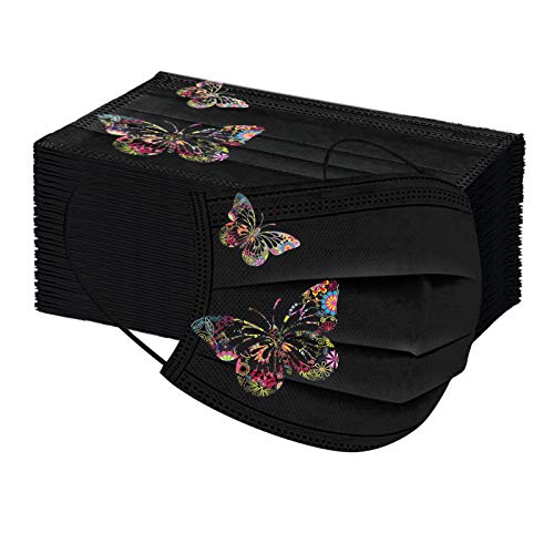 Mumustar 50 mascarillas desechables para adultos negra Serie de elementos de mariposa, agradable a la piel y cómodo Adecuado para salir, ir de fiesta (C)