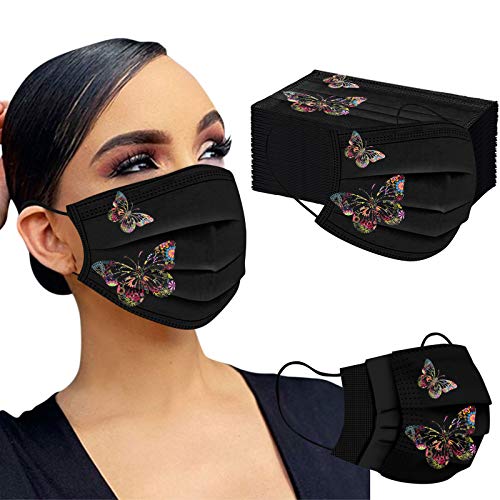 Mumustar 50 mascarillas desechables para adultos negra Serie de elementos de mariposa, agradable a la piel y cómodo Adecuado para salir, ir de fiesta (C)