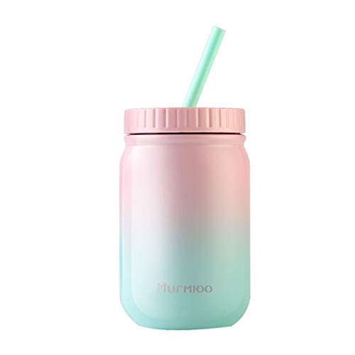 Murmioo Vaso de pajita de acero inoxidable, taza de café reutilizable, tarro de comida al vacío de doble pared, taza de viaje con pajita y tapa sellada con tornillo para batido/ensalada de 14 onzas