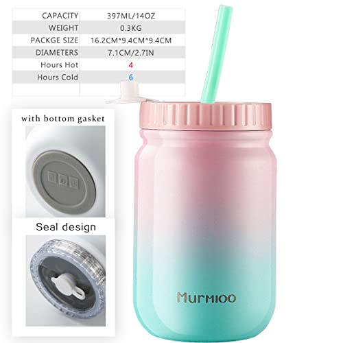 Murmioo Vaso de pajita de acero inoxidable, taza de café reutilizable, tarro de comida al vacío de doble pared, taza de viaje con pajita y tapa sellada con tornillo para batido/ensalada de 14 onzas