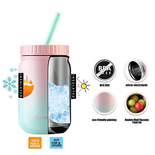 Murmioo Vaso de pajita de acero inoxidable, taza de café reutilizable, tarro de comida al vacío de doble pared, taza de viaje con pajita y tapa sellada con tornillo para batido/ensalada de 14 onzas