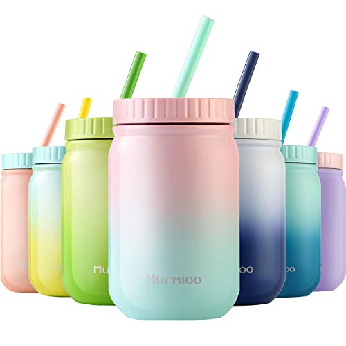 Murmioo Vaso de pajita de acero inoxidable, taza de café reutilizable, tarro de comida al vacío de doble pared, taza de viaje con pajita y tapa sellada con tornillo para batido/ensalada de 14 onzas