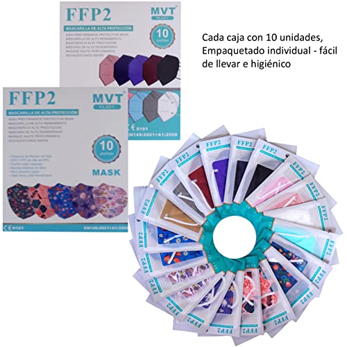 MVT Mascarilla FFP2 Colores, Paquete de 20x Mascarillas FFP2 NR de Colores Estampadas Homologadas 5 Capas Multicolores +1 Estuche Mascarillas Color Aleatorio