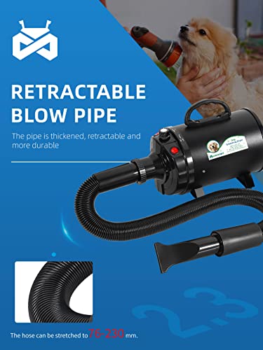 Mxmoonant 2400W 3.2HP Secador de Pelo Mascotas Secador de Pelo Stepless Velocidad Temperatura Ajustable Alta Velocidad Perro Gato Soplador de Pelo Profesional Pet Grooming Ventilador (Negro)