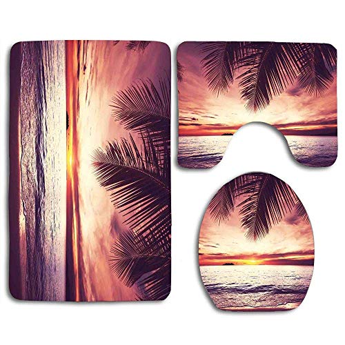 N\A Palm Tree Tropical Beach Under Shadows at Sunset Ocean Waves Serenity of Paradise in Nature Juego de alfombras de baño 3PCS Alfombra de baño Antideslizante Contorno, tapete y Tapa de Inodoro