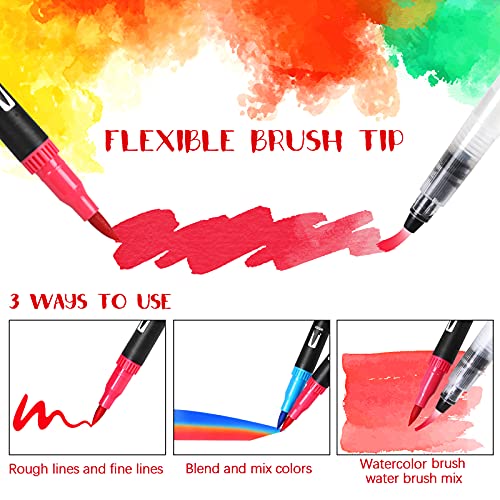 Nabance Rotuladores Acuarelables, 72 Colores Sets de Pinceles de Acuarela para Niños y Adulto, con 3 Pincel de Agua, 6 Plantillas, 10 Hojas de Papel de Dibujo, 1 Libro para Colorear, Manga y Dibujos