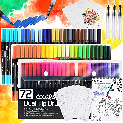Nabance Rotuladores Acuarelables, 72 Colores Sets de Pinceles de Acuarela para Niños y Adulto, con 3 Pincel de Agua, 6 Plantillas, 10 Hojas de Papel de Dibujo, 1 Libro para Colorear, Manga y Dibujos