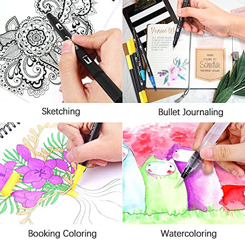 Nabance Rotuladores Acuarelables, 72 Colores Sets de Pinceles de Acuarela para Niños y Adulto, con 3 Pincel de Agua, 6 Plantillas, 10 Hojas de Papel de Dibujo, 1 Libro para Colorear, Manga y Dibujos